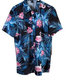 Shein Tropical Flamingo Hawaiian Button-Up Shirt Black Blue Leaf Print Size L